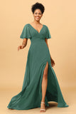 A Line V-Neck Long Chiffon Bridesmaid Dress with Slit