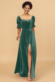 A Line Sweetheart Flare Sleeves Velvet Bridesmaid Dress with Slit