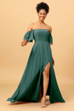 A Line Off the Shoulder Long Chiffon Bridesmaid Dress with Slit