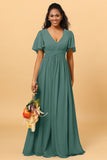 A Line V Neck Short Sleeves Chiffon Long Bridesmaid Dress