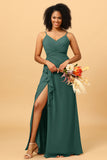 A Line Spaghetti Straps V Neck Chiffon Ruffled Long Bridesmaid Dress with Slit