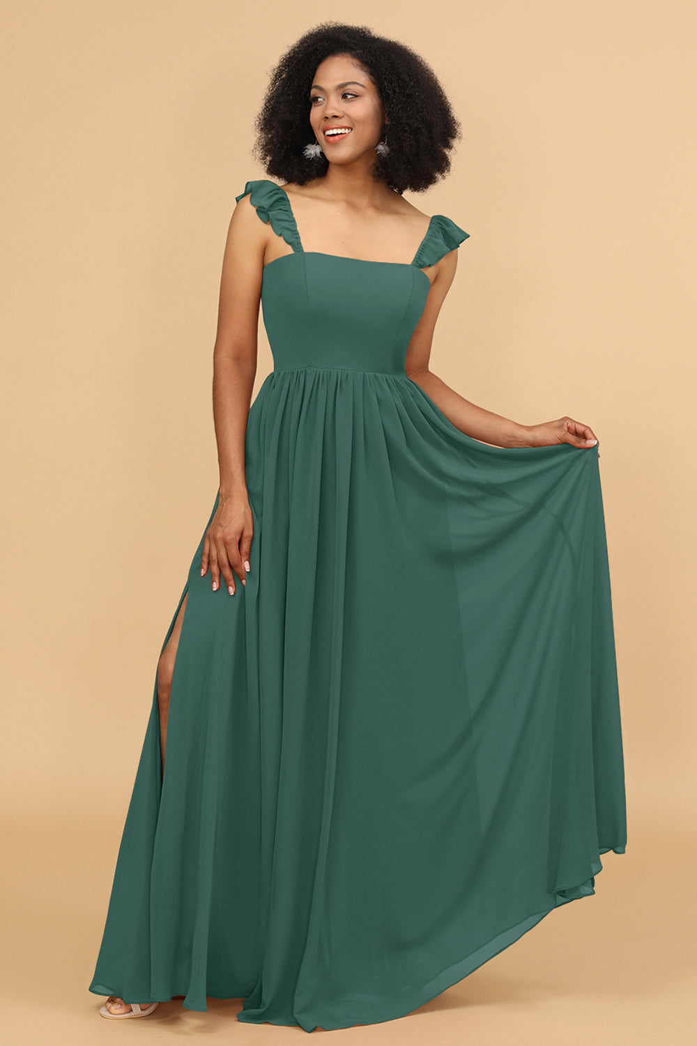 $99 bridesmaid dresses Girls Dusty Blue Bridesmaid Dresses A-Line V-Neck Straps Long Stretch Satin Bridesmaid Dresses With Split
