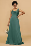 A Line Asymmetrical Neck Satin Floor Length Bridesmaid Dress