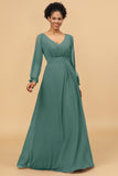 Long Sleeves V-Neck Chiffon Bridesmaid Dress with Bowknot