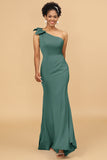 Mermaid One Shoulder Satin Long Bridesmaid Dress With Bowknot