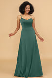 A Line Spaghetti Straps Floor Length Satin Bridesmaid Dress