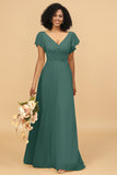 V-Neck Cape Long Floor Length Chiffon Bridesmaid Dress