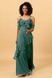 A Line Spaghetti Straps Long Chiffon Bridesmaid Dress with Ruffles