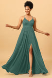 A Line Spaghetti Straps Ruched Chiffon Long Bridesmaid Dress with Slit