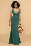 Mermaid V-neck Open Back Long Chiffon Bridesmaid Dress With Ruffles