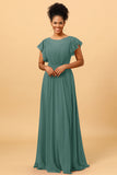 A Line Bateau Neck Ruched Long Chiffon Bridesmaid Dress with Ruffles