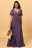 A Line V Neck Short Sleeves Chiffon Long Bridesmaid Dress