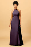 Sheath Halter Floor Length Open Back Chiffon Bridesmaid Dress with Slit