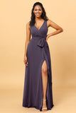 A Line V Neck Sleeveless Long Chiffon Bridesmaid Dress with Slit