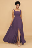 Sheath Square Neck Floor Length Chiffon Bridesmaid Dress