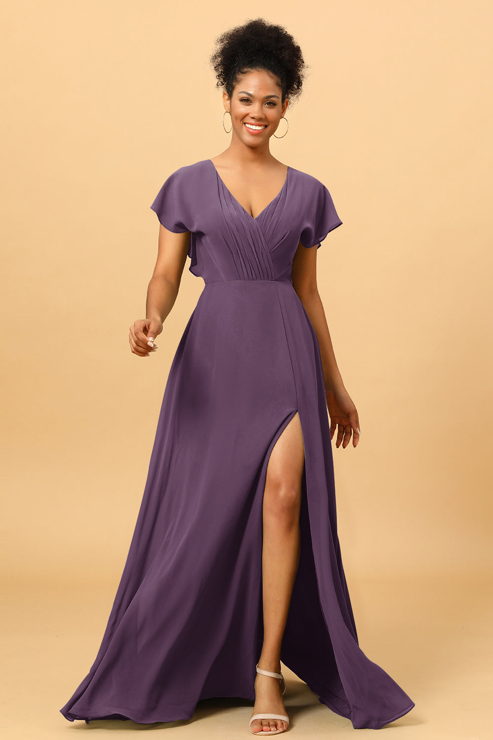 purple v neck bridesmaid dresses Lysara Elegant V Neck Ruffles Long Sleeves Floor Length Chiffon Bridesmaid Dresses, Regency