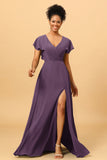 A Line V-Neck Ruched Chiffon Bridesmaid Dress with Slit