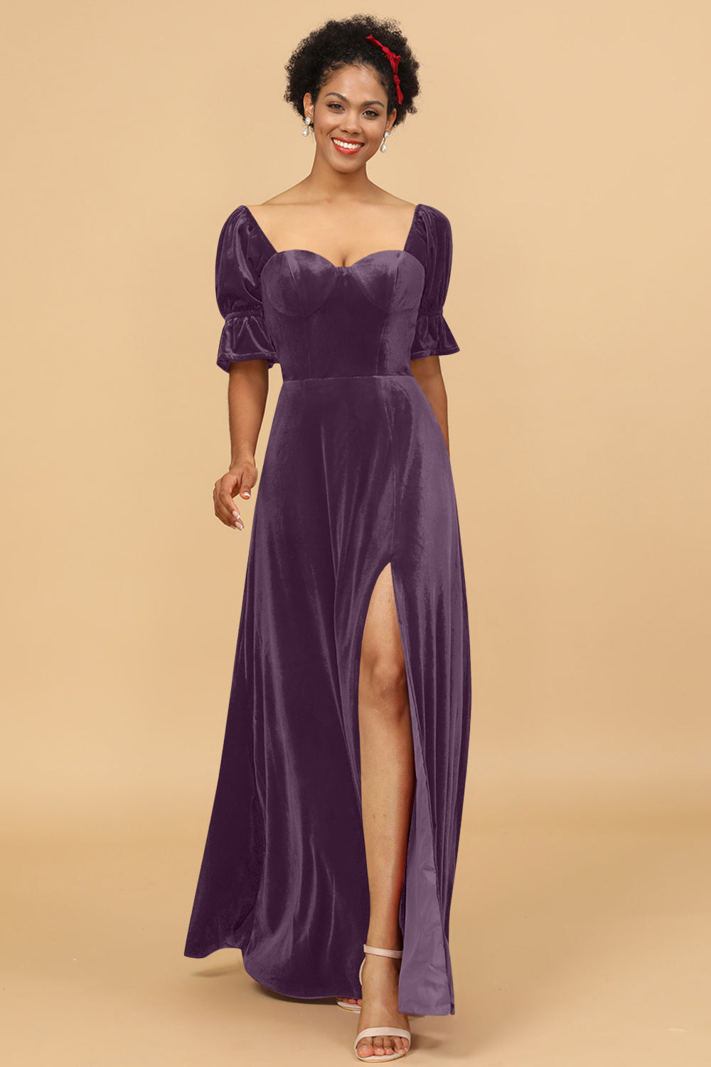 Wedtrend Women Bridesmaid Dress A Line Sweetheart Flare Sleeves Velvet Wedding Party Formal Evening Dress with Slit WEDTREND Wedtrend Women Bridesmaid Dress A Line Sweetheart Flare Sleeves Velvet Wedding Party Formal Evening Dress with Slit WEDTREND