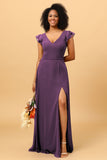 A Line V Neck Strapless Long Chiffon Bridesmaid Dress With Slit