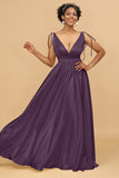 A Line Deep V-Neck Backless Floor Length Bridesmaid Dress