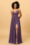 A Line V Neck Spaghetti Straps Chiffon Bridesmaid Dress with Slit