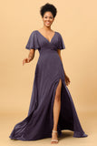 A Line V-Neck Long Chiffon Bridesmaid Dress with Slit