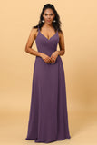 A Line V Neck Spaghetti Straps Floor Length Long Chiffon Bridesmaid Dress