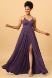 A Line Spaghetti Straps Ruched Chiffon Long Bridesmaid Dress with Slit