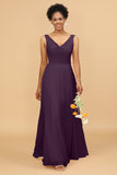 A Line V Neck Backless Chiffon Long Bridesmaid Dress