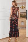 Red Sheath Sequins Round Neck Beaded Formal Evening Party Dress