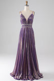 Glitter Purple A-Line Spaghetti Straps V Neck Pleated Backless Prom Dress