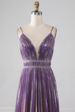 Glitter Purple A-Line Spaghetti Straps V Neck Pleated Backless Prom Dress