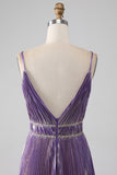 Glitter Purple A-Line Spaghetti Straps V Neck Pleated Backless Prom Dress