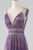 Glitter Purple A-Line Spaghetti Straps V Neck Pleated Backless Prom Dress