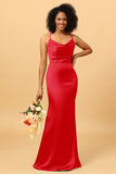 Mermaid Cowl Neckline Spaghetti Straps Long Satin Bridesmaid Dress