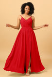 Ruched Long Floor Length Chiffon Bridesmaid Dress with Slit