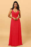 A Line V Neck Spaghetti Straps Floor Length Long Chiffon Bridesmaid Dress