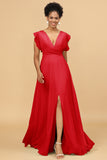 A Line V-Neck Floor Length Chiffon Bridesmaid Dress with Slit