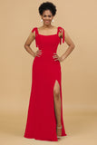 Sheath Spaghetti Straps Long Chiffon Bridesmaid Dress with Slit