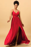 A-Line Spaghetti Straps Ruched Long Chiffon Bridesmaid Dress with Slit