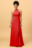 Sheath Halter Floor Length Open Back Chiffon Bridesmaid Dress with Slit