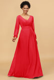 Long Sleeves V-Neck Chiffon Bridesmaid Dress with Bowknot