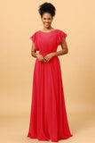 A Line Bateau Neck Ruched Long Chiffon Bridesmaid Dress with Ruffles