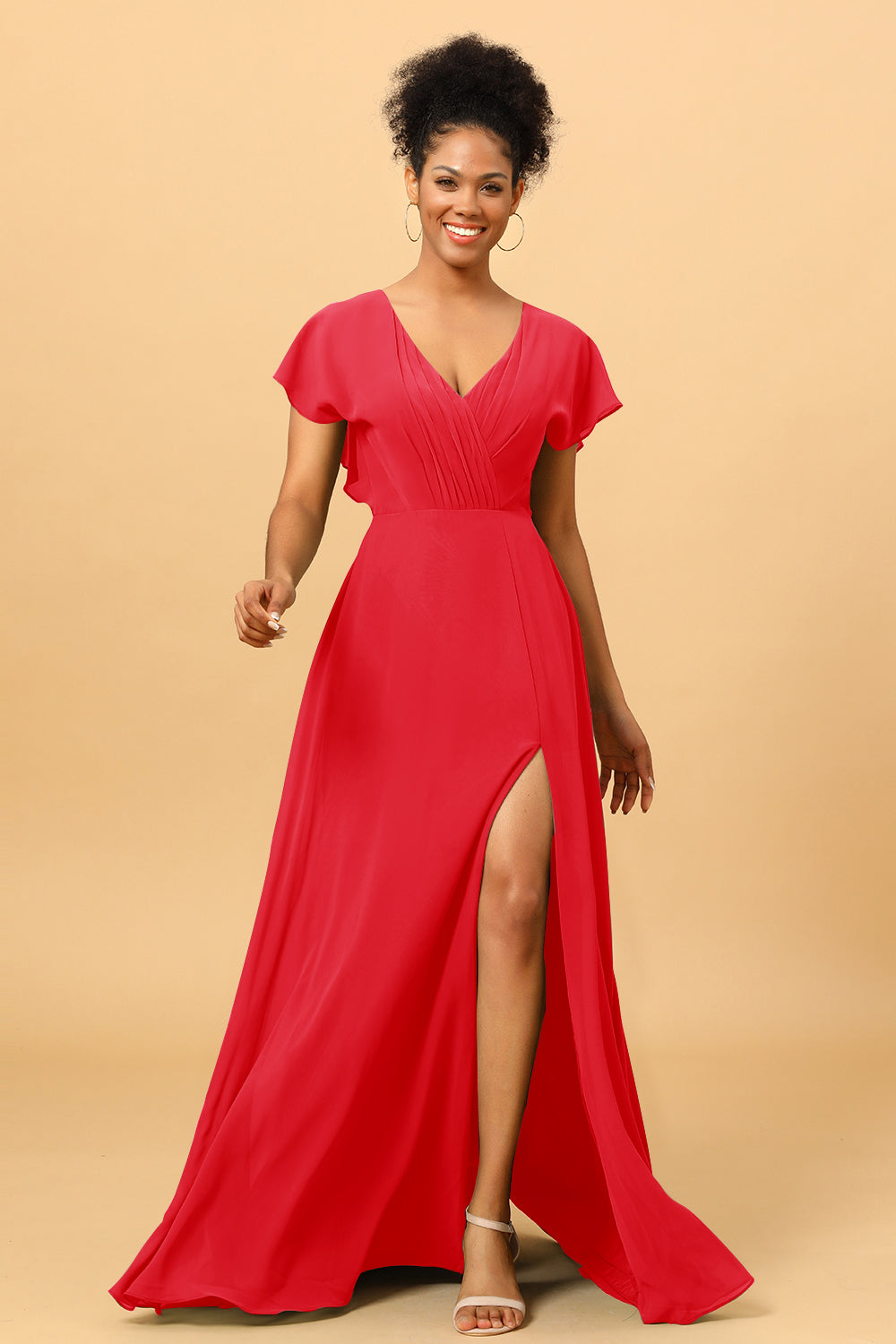 A Line V-Neck Ruched Chiffon Bridesmaid Dress with Slit