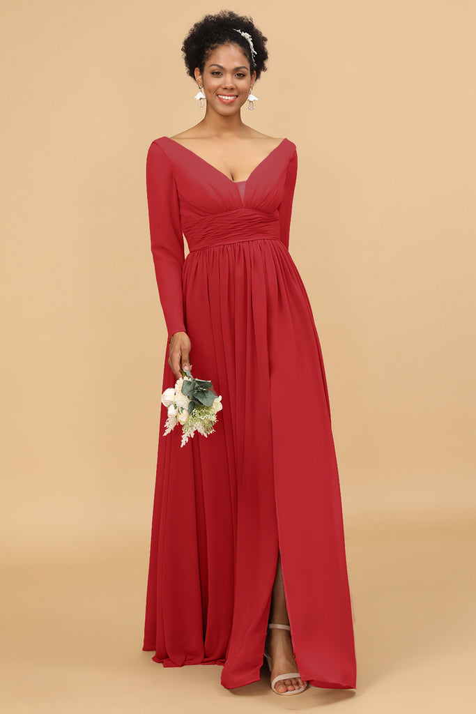 V Neck A Line Long Sleeve Chiffon Wedding Dress With Slit main image 1