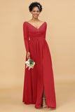 A Line V-Neck Long Sleeves Chiffon Bridesmaid Dress with Slit