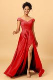 A Line Off the Shoulder Ruched Long Chiffon Bridesmaid Dress with Slit