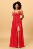 A Line V Neck Spaghetti Straps Chiffon Bridesmaid Dress with Slit