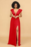 A Line Deep V-Neck Long Chiffon Bridesmaid Dress with Slit