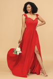 A Line Sweetheart Long Chiffon Bridesmaid Dress with Slit